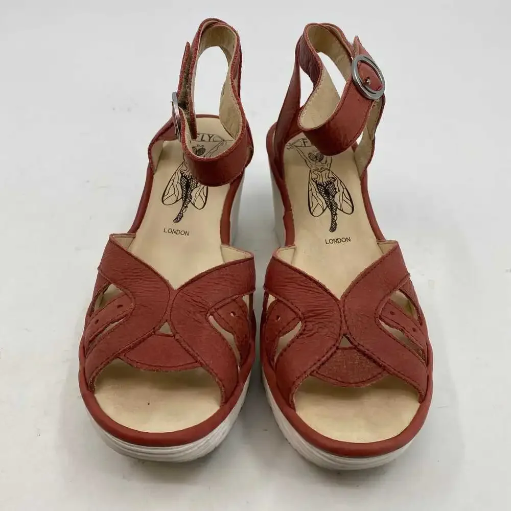 Fly London Red Leather Wedge Sandals | Size 38EU